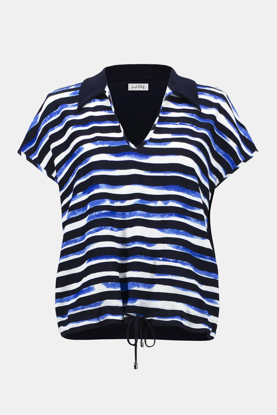 Joseph Ribkoff Blue and Vanilla Woven Stripe Print Cocoon Top With Silky Knit Back 261197