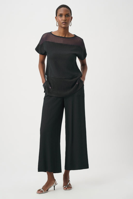 Joseph Ribkoff Black Seersucker and Mesh Boxy Top With Boat Neckline