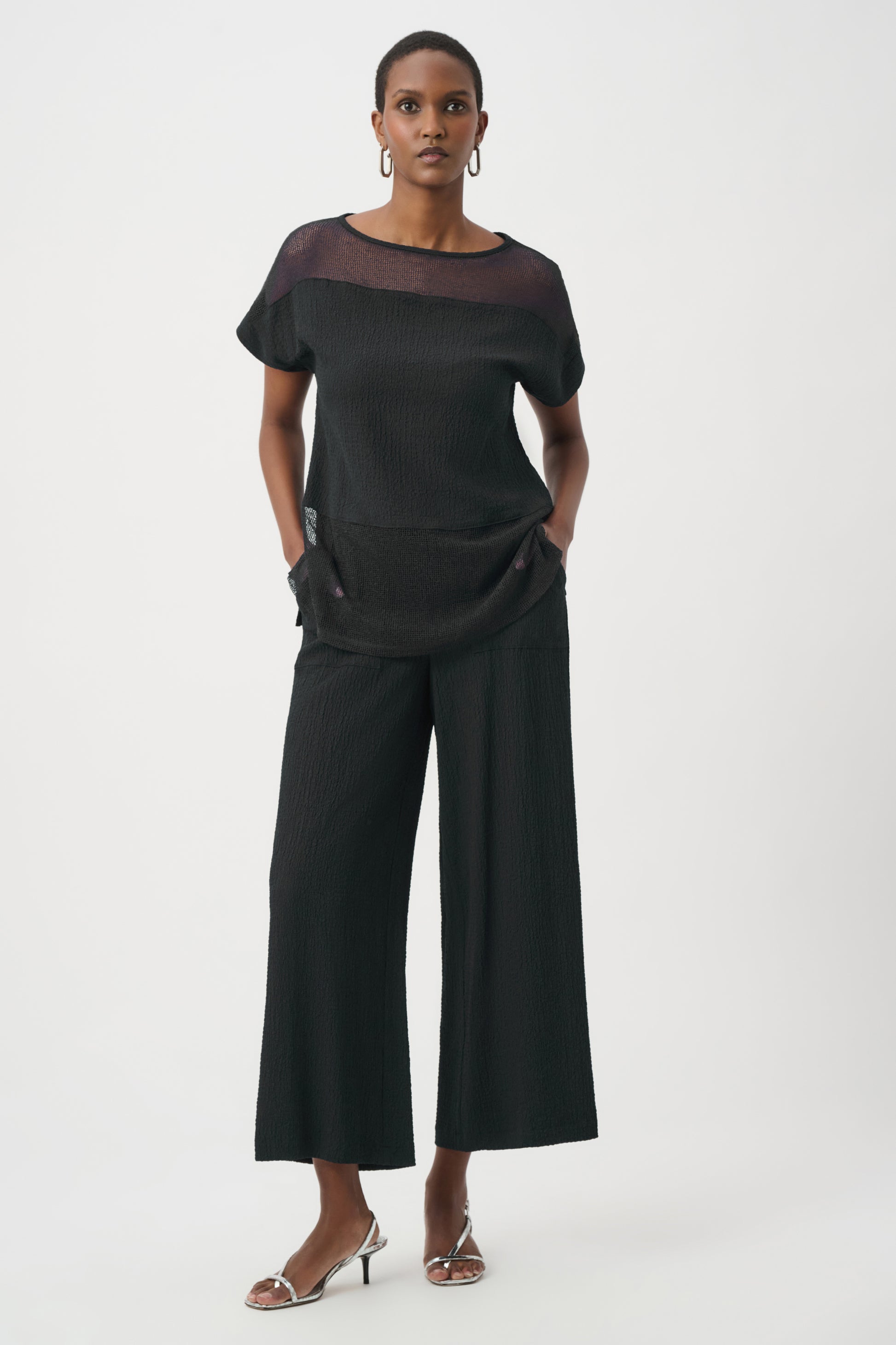Joseph Ribkoff Black Seersucker and Mesh Boxy Top With Boat Neckline