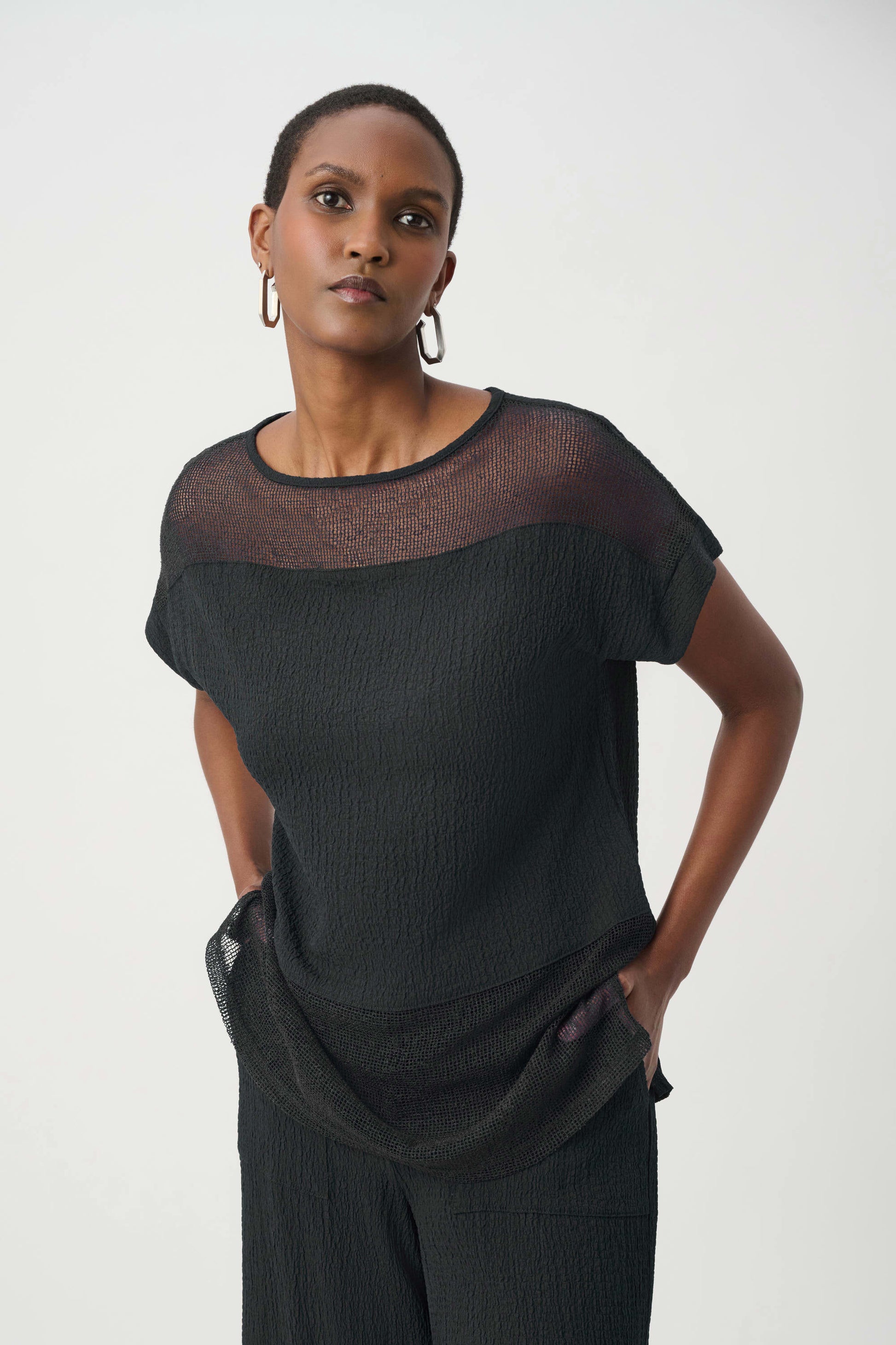 Joseph Ribkoff Black Seersucker and Mesh Boxy Top With Boat Neckline