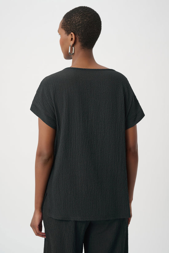 Joseph Ribkoff Black Seersucker and Mesh Boxy Top With Boat Neckline