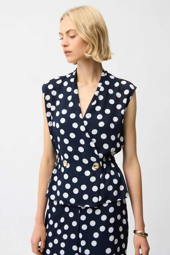 Joseph Ribkoff Navy Georgette Dot Print Wrap Peplum Top With Gold Buttons