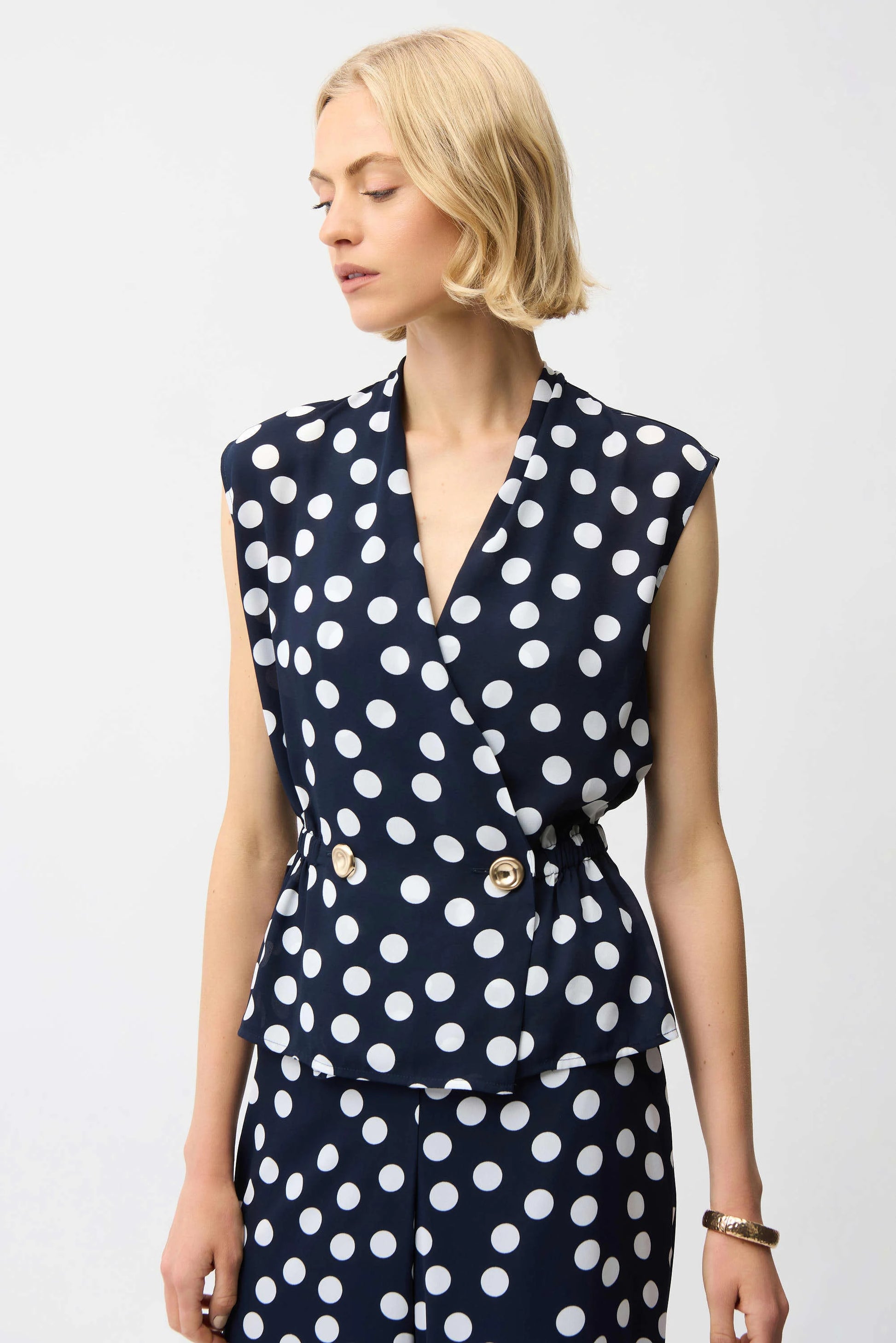 Joseph Ribkoff Navy Georgette Dot Print Wrap Peplum Top With Gold