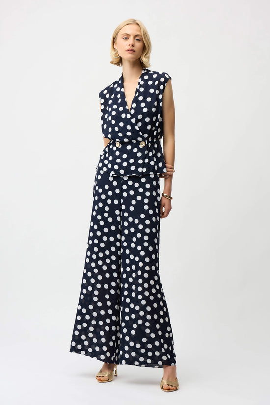 Joseph Ribkoff Navy Georgette Dot Print Wrap Peplum Top With Gold Buttons