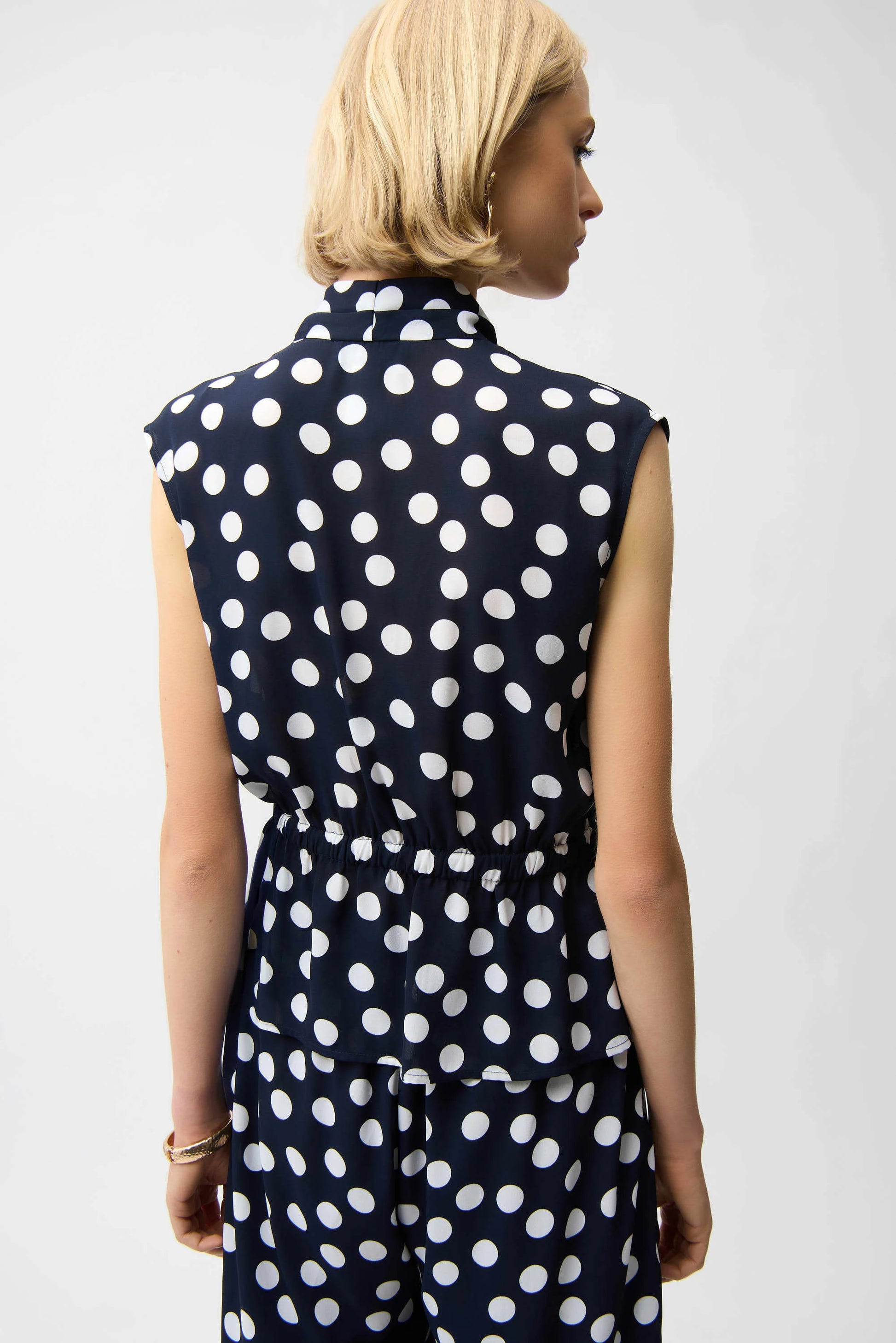 Joseph Ribkoff Navy Georgette Dot Print Wrap Peplum Top With Gold Buttons