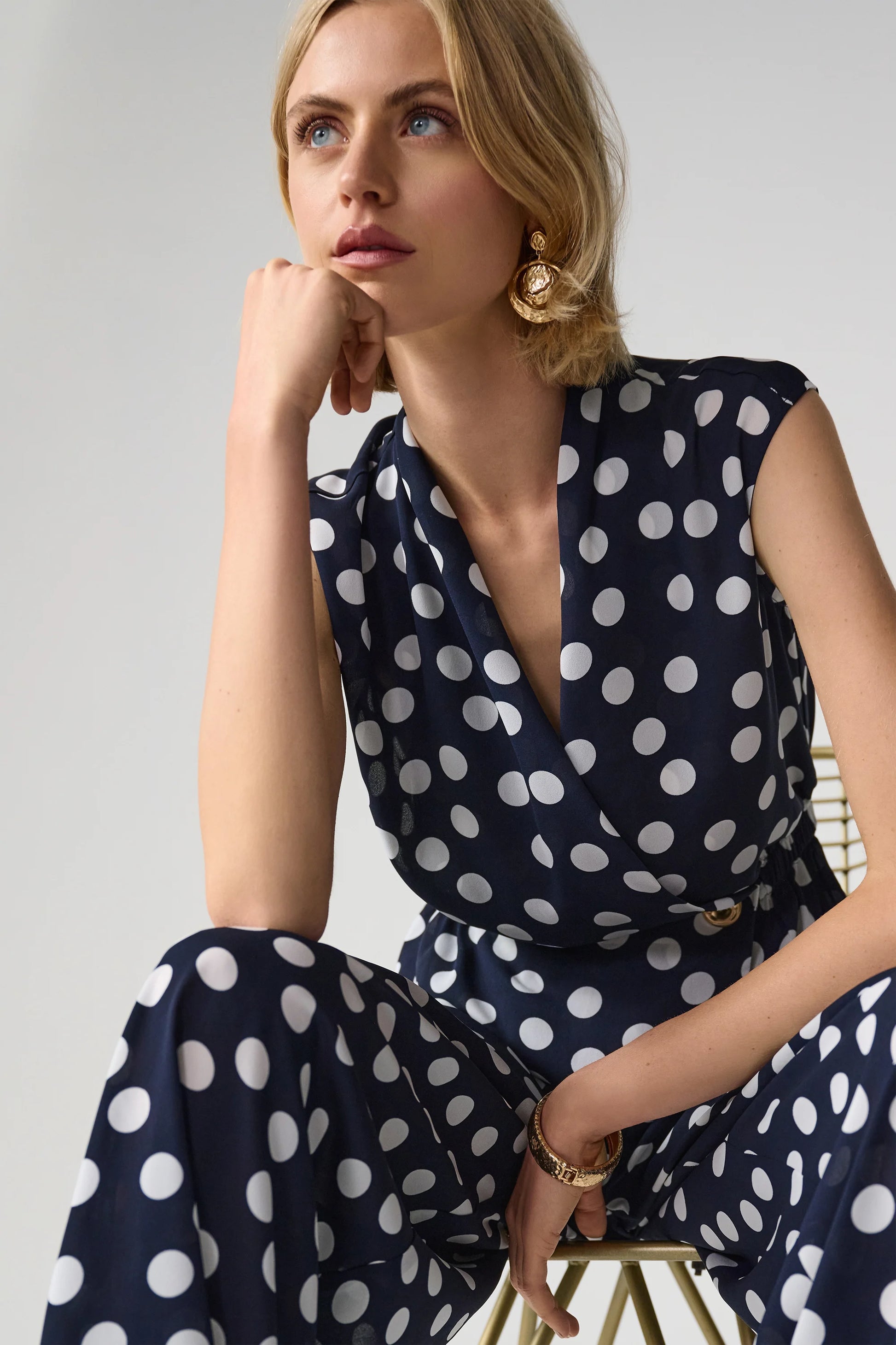 Joseph Ribkoff Navy Georgette Dot Print Wrap Peplum Top With Gold Buttons