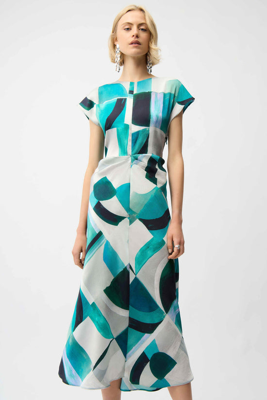 Joseph Ribkoff Green Textured Satin Geometric Print Fit and Flare Dress