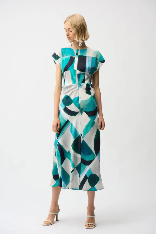Joseph Ribkoff Green Textured Satin Geometric Print Fit and Flare Dress 261251