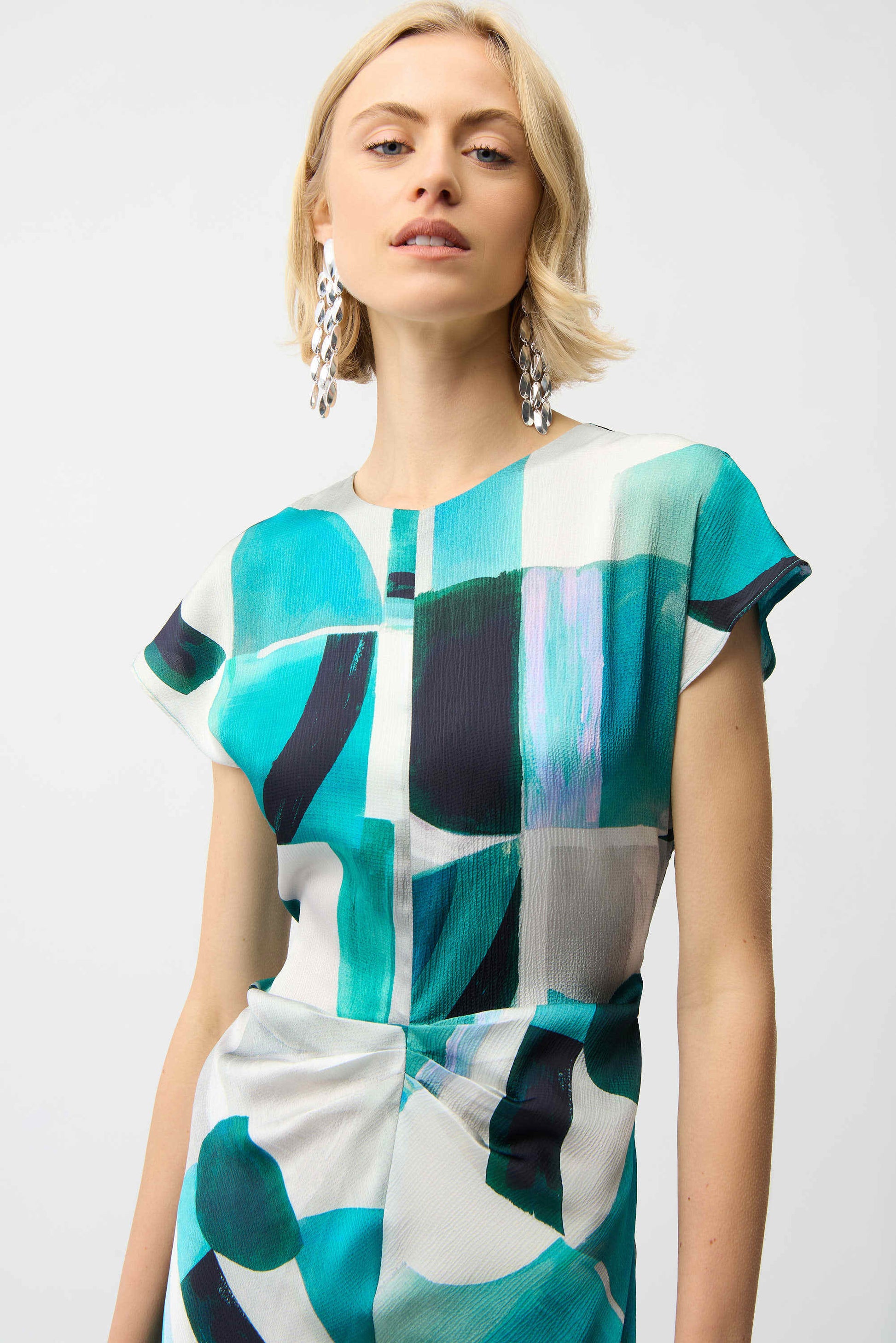 Joseph Ribkoff Green Textured Satin Geometric Print Fit and Flare Dress