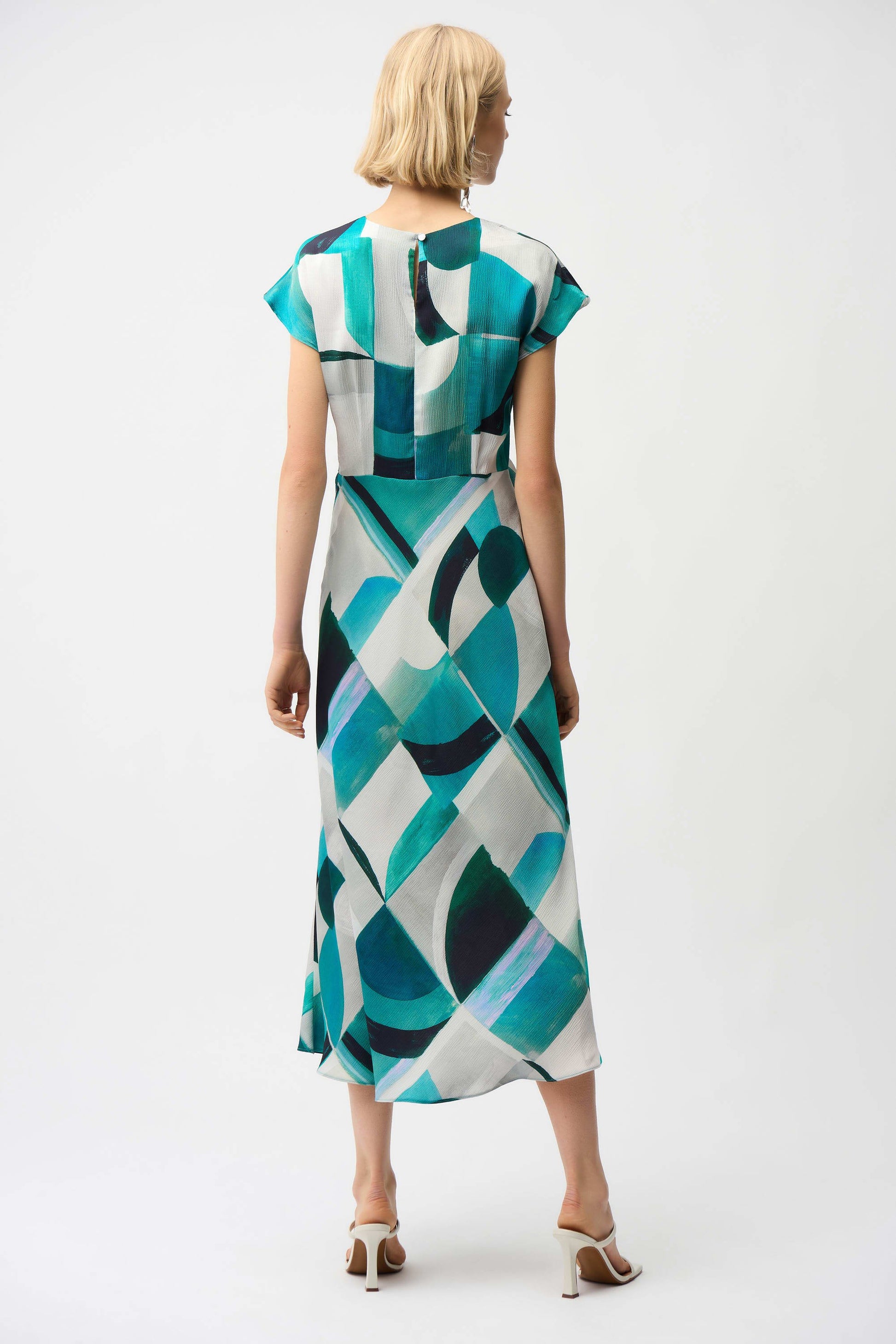 Joseph Ribkoff Green Textured Satin Geometric Print Fit and Flare Dress