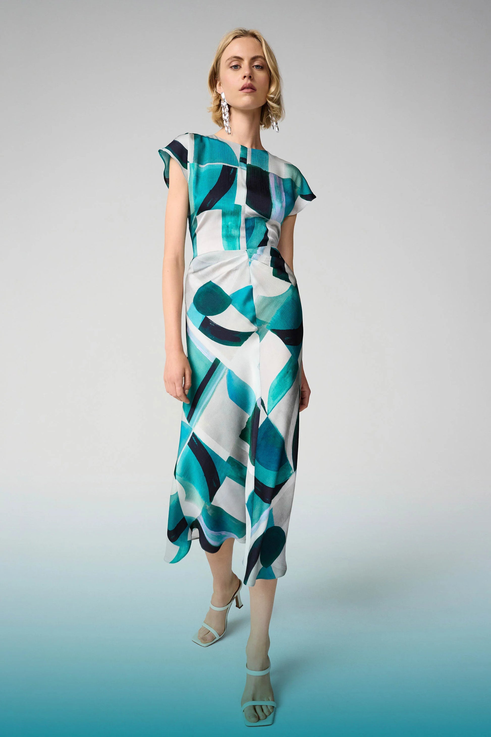 Joseph Ribkoff Green Textured Satin Geometric Print Fit and Flare Dress