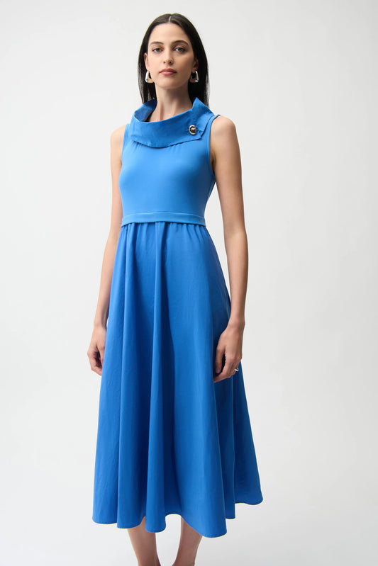 Joseph Ribkoff Blue Silky Knit And Memory Fit and Flare Dress With Shawl Collar 261274