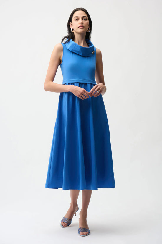 Joseph Ribkoff Blue Silky Knit And Memory Fit and Flare Dress With Shawl Collar