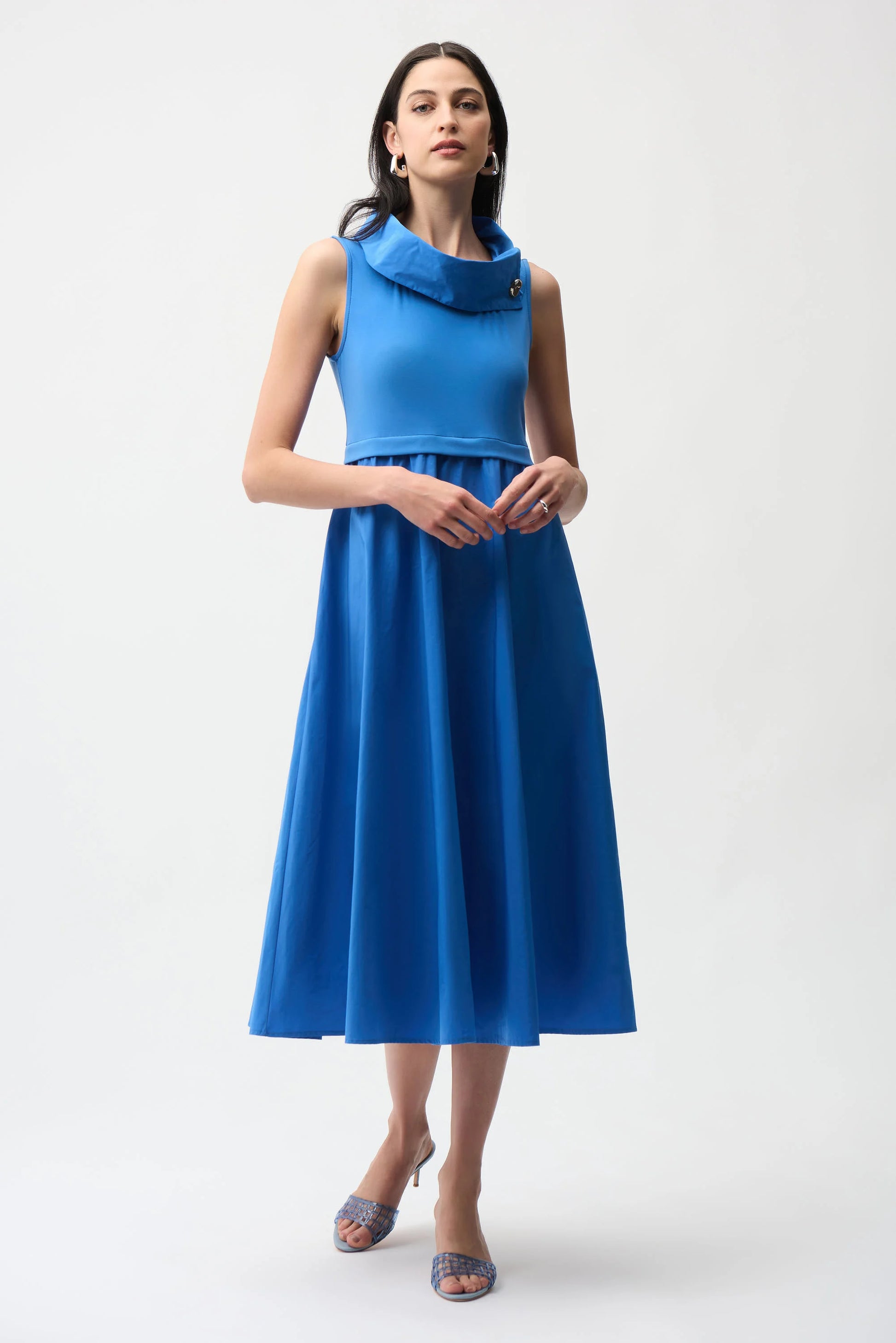 Joseph Ribkoff Blue Silky Knit And Memory Fit and Flare Dress With Shawl Collar