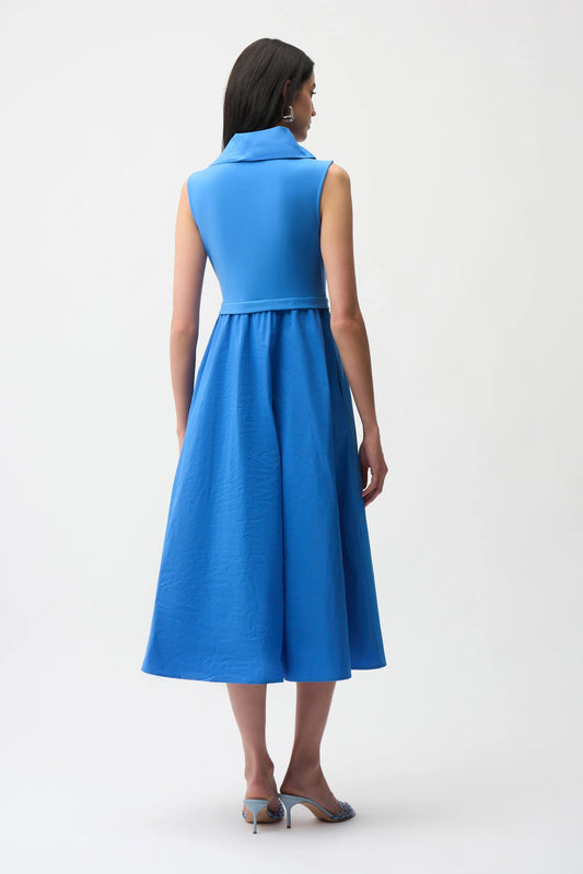 Joseph Ribkoff Blue Silky Knit And Memory Fit and Flare Dress With Shawl Collar 261274