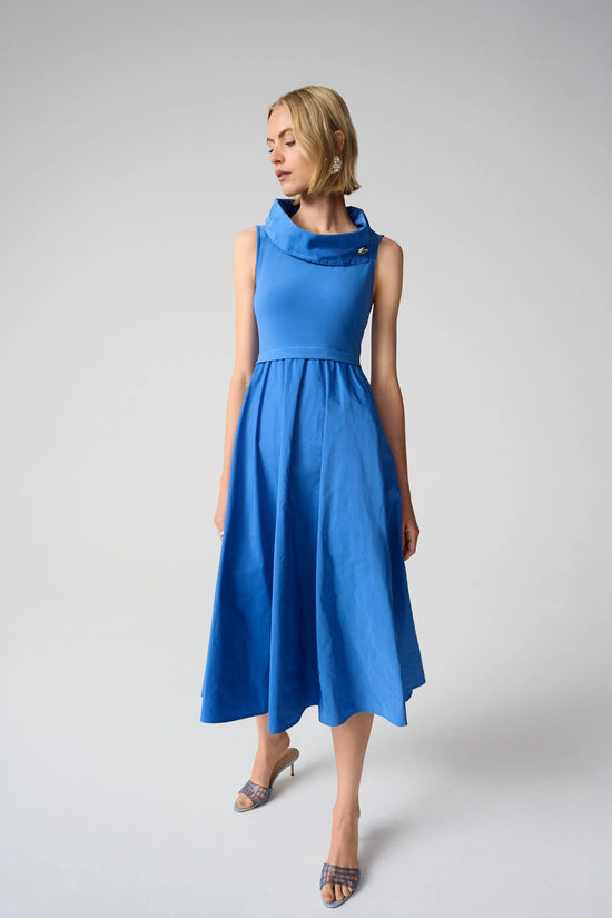 Joseph Ribkoff Blue Silky Knit And Memory Fit and Flare Dress With Shawl Collar