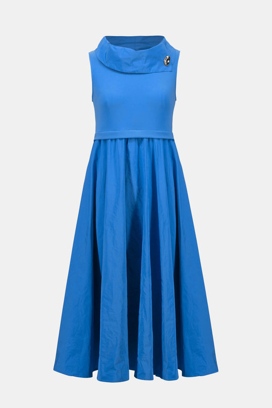 Joseph Ribkoff Blue Silky Knit And Memory Fit and Flare Dress With Shawl Collar