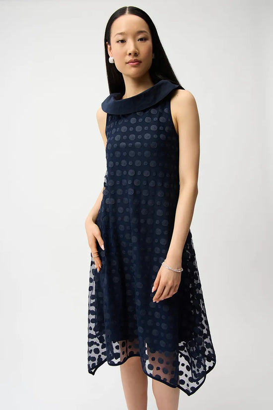 Joseph Ribkoff Midnight Blue Dot Embroidered Mesh Handkerchief Dress With Cowl Collar 261299