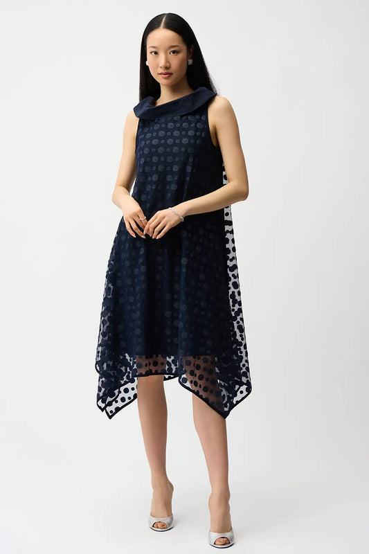 Joseph Ribkoff Midnight Blue Dot Embroidered Mesh Handkerchief Dress With Cowl Collar 261299