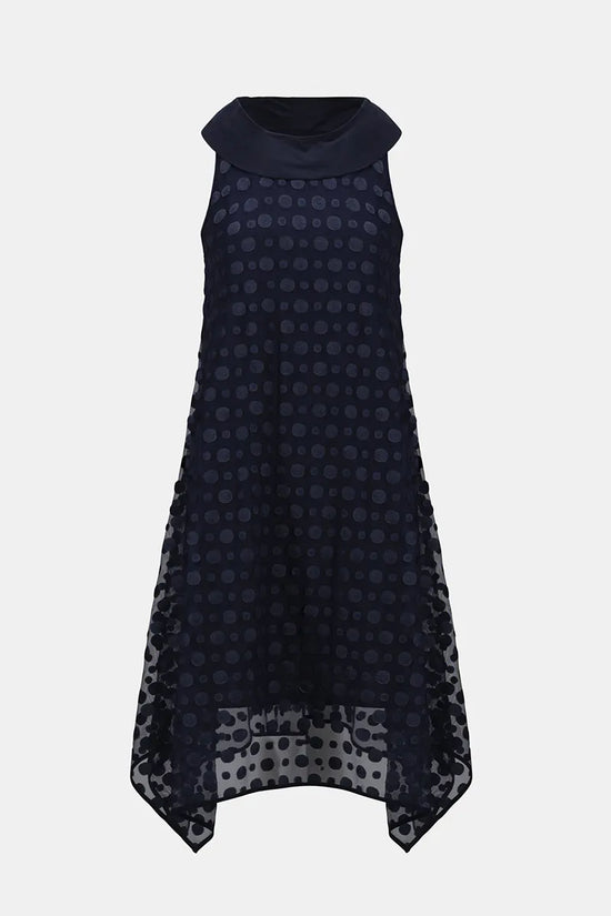 Joseph Ribkoff Midnight Blue Dot Embroidered Mesh Handkerchief Dress With Cowl Collar 261299