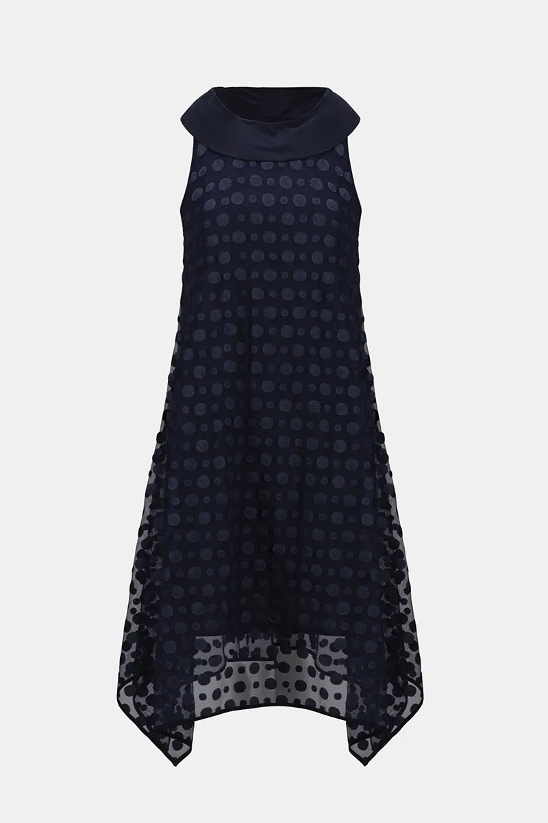 Joseph Ribkoff Midnight Blue Dot Embroidered Mesh Handkerchief Dress With Cowl Collar 261299