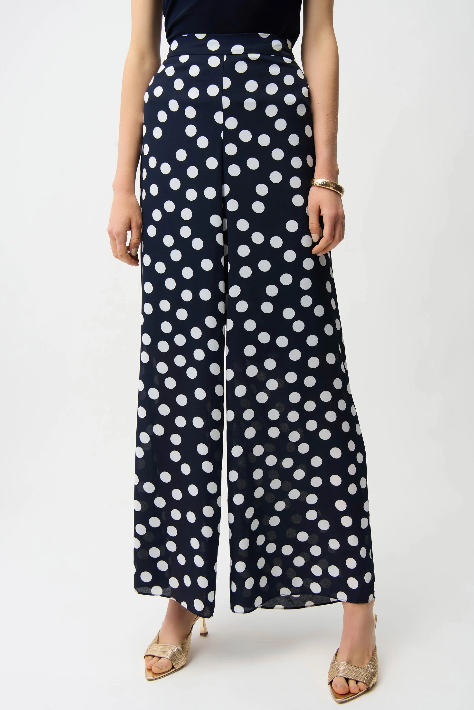 Joseph Ribkoff Blue/Cream Georgette Dot Print Wide Leg Trousers
