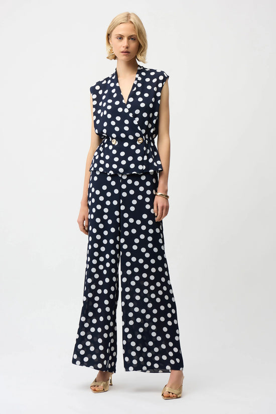 Joseph Ribkoff Blue/Cream Georgette Dot Print Wide Leg Trousers