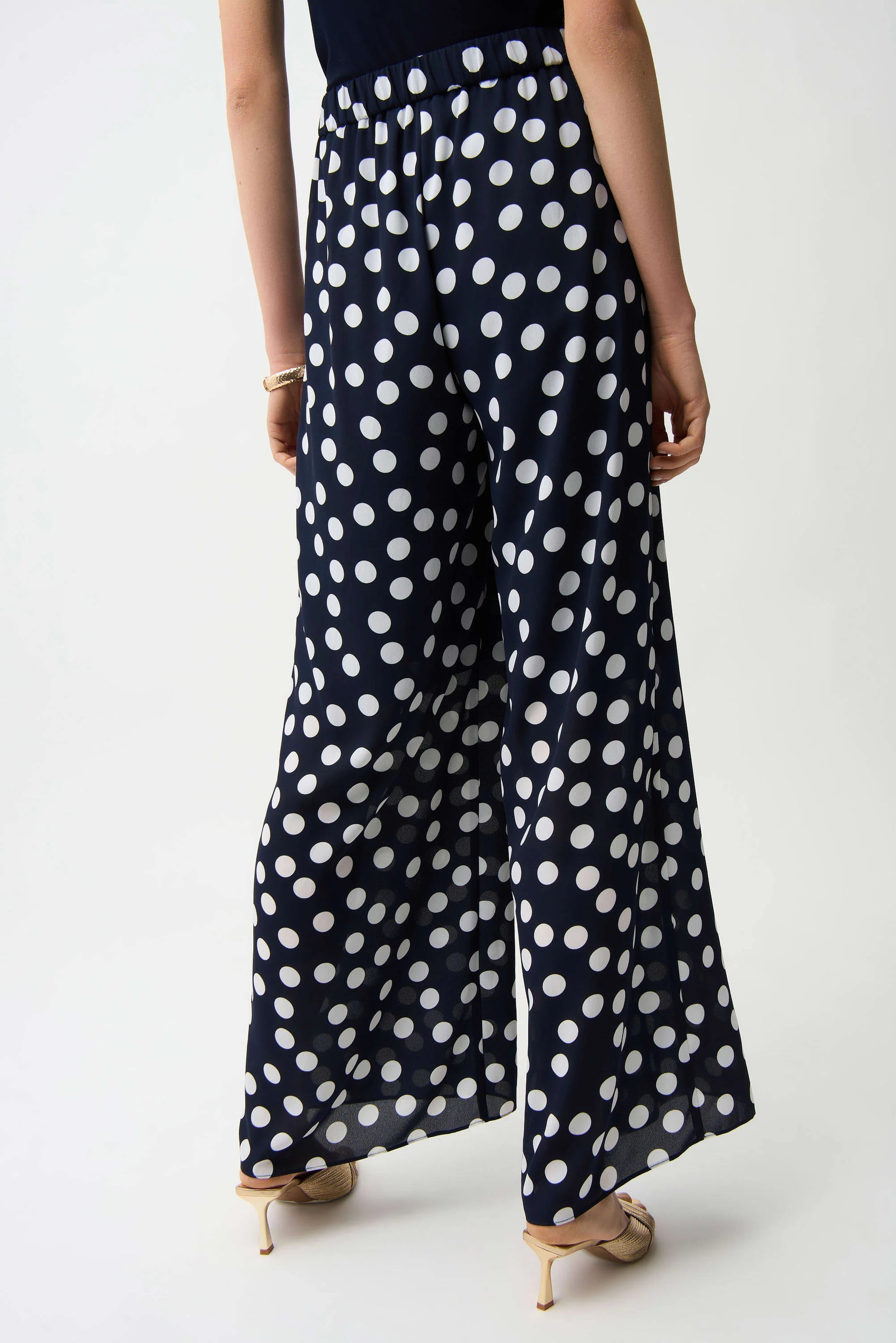 Joseph Ribkoff Blue/Cream Georgette Dot Print Wide Leg Trousers