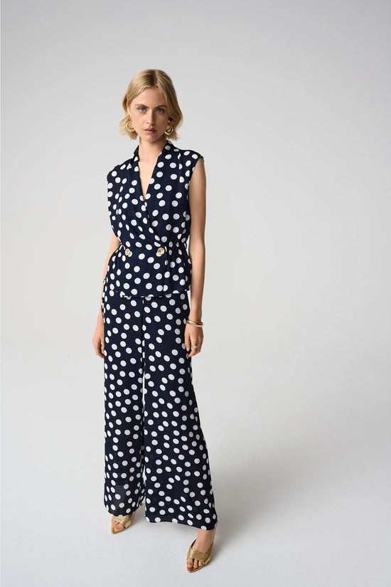 Joseph Ribkoff Blue/Cream Georgette Dot Print Wide Leg Trousers