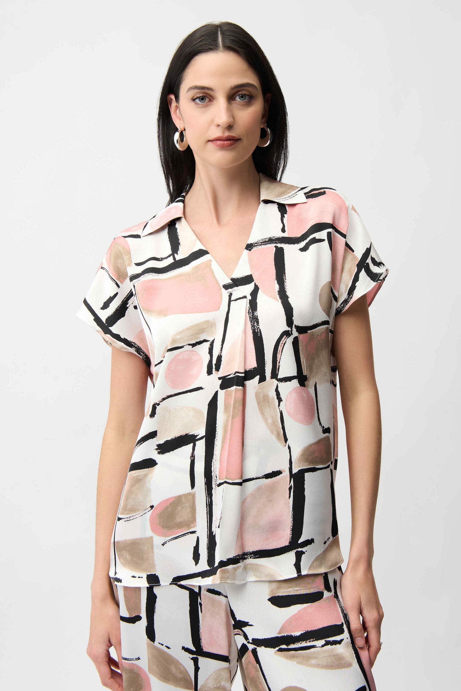 Joseph Ribkoff Recycled Satin Abstract Multicoloured Print Boxy Top With V-neckline
