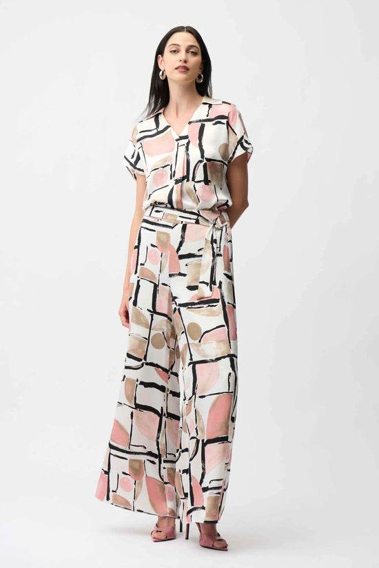Joseph Ribkoff Recycled Satin Abstract Multicoloured Print Boxy Top With V-neckline