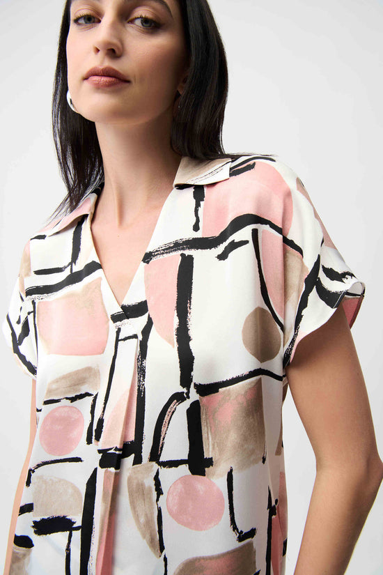 Joseph Ribkoff Recycled Satin Abstract Multicoloured Print Boxy Top With V-neckline