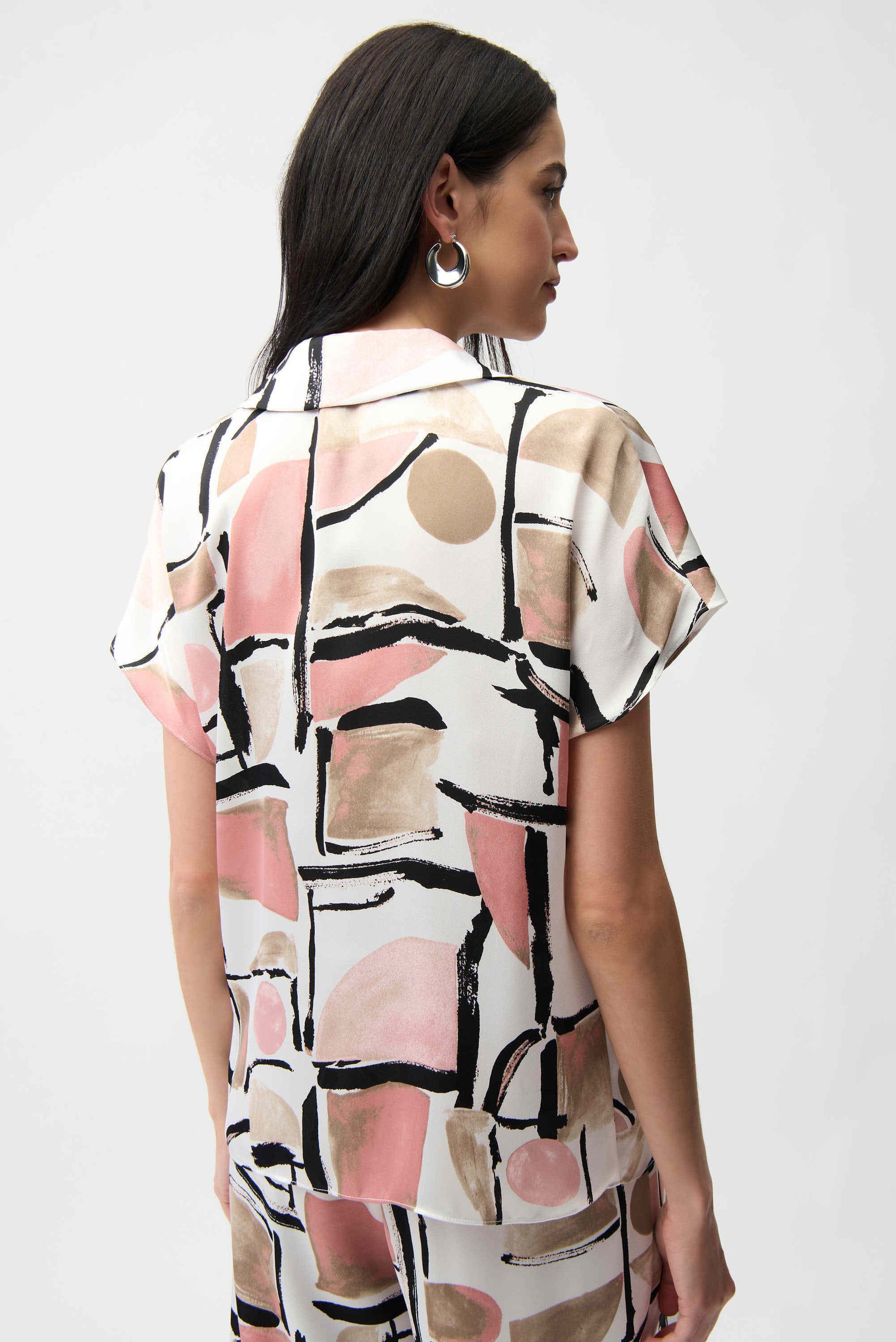 Joseph Ribkoff Recycled Satin Abstract Multicoloured Print Boxy Top With V-neckline