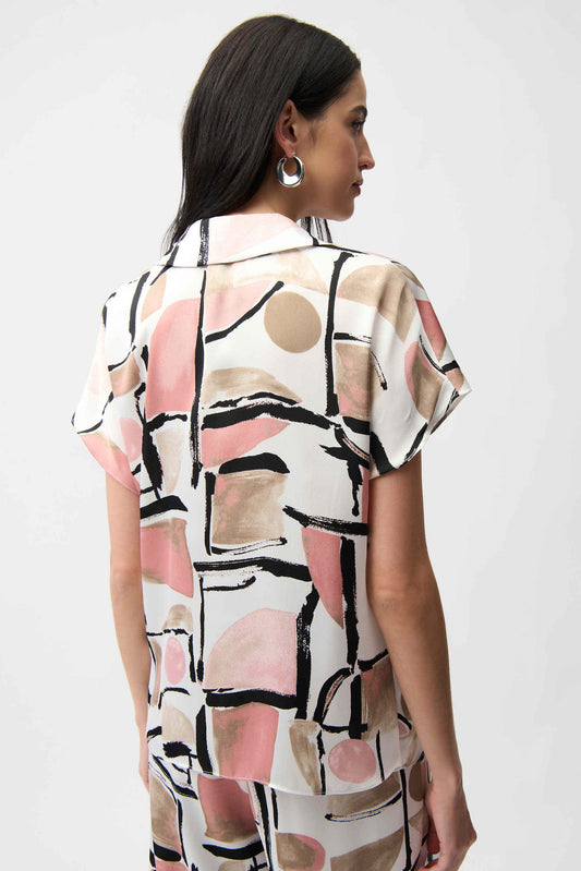 Joseph Ribkoff Recycled Satin Abstract Multicoloured Print Boxy Top With V-neckline