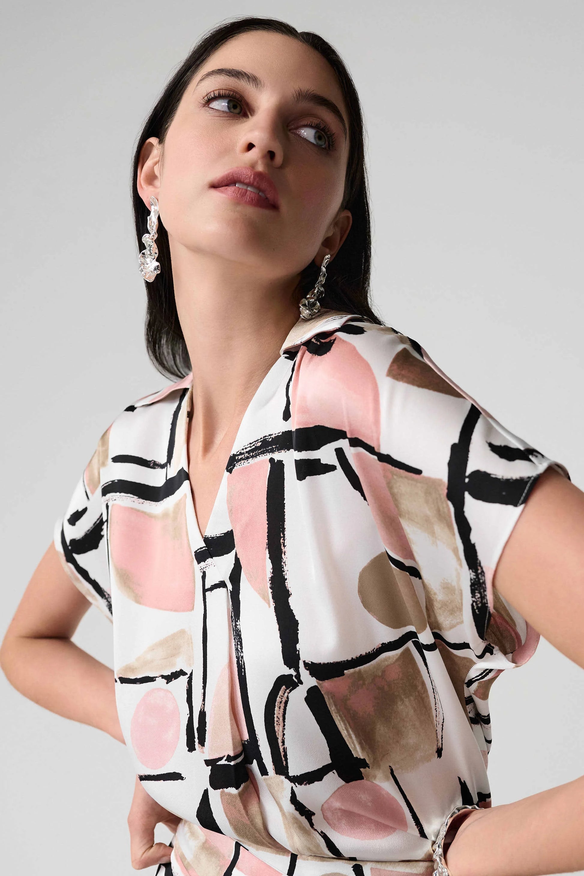 Joseph Ribkoff Recycled Satin Abstract Multicoloured Print Boxy Top With V-neckline