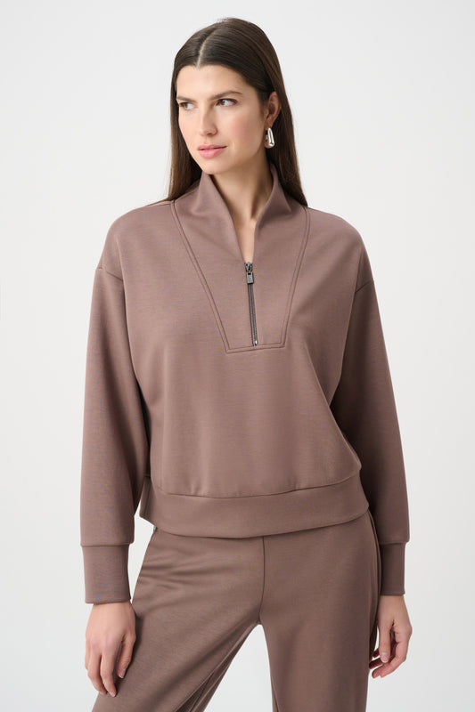 Joseph Ribkoff Mink Scuba Jersey Boxy Sweatshirt With High Collar and Front Zipper 261610