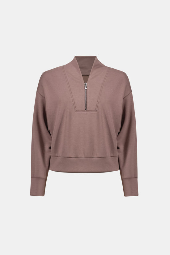 Joseph Ribkoff Mink Scuba Jersey Boxy Sweatshirt With High Collar and Front Zipper 261610