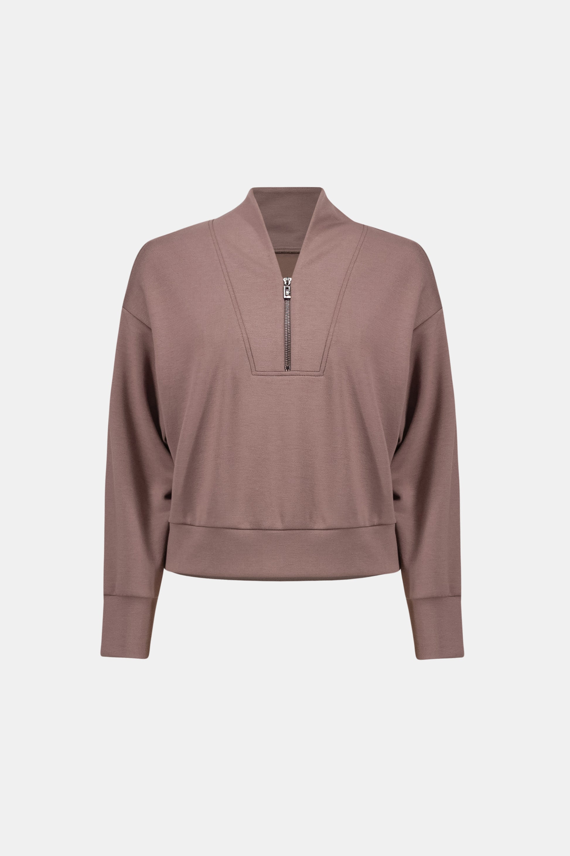 Joseph Ribkoff Mink Scuba Jersey Boxy Sweatshirt With High Collar and Front Zipper 261610