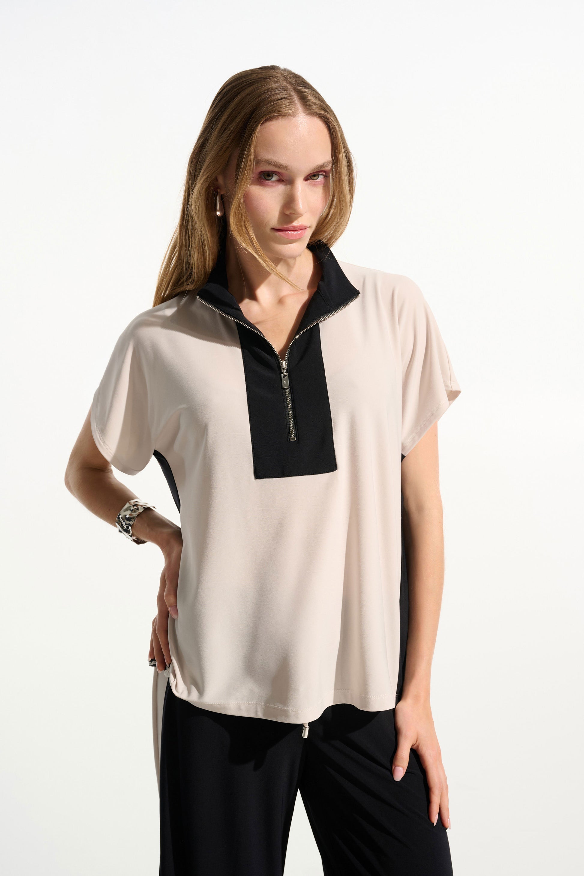 Joseph Ribkoff Moonstone Silky Knit Color Block Straight Top With Zipped Collar 261611