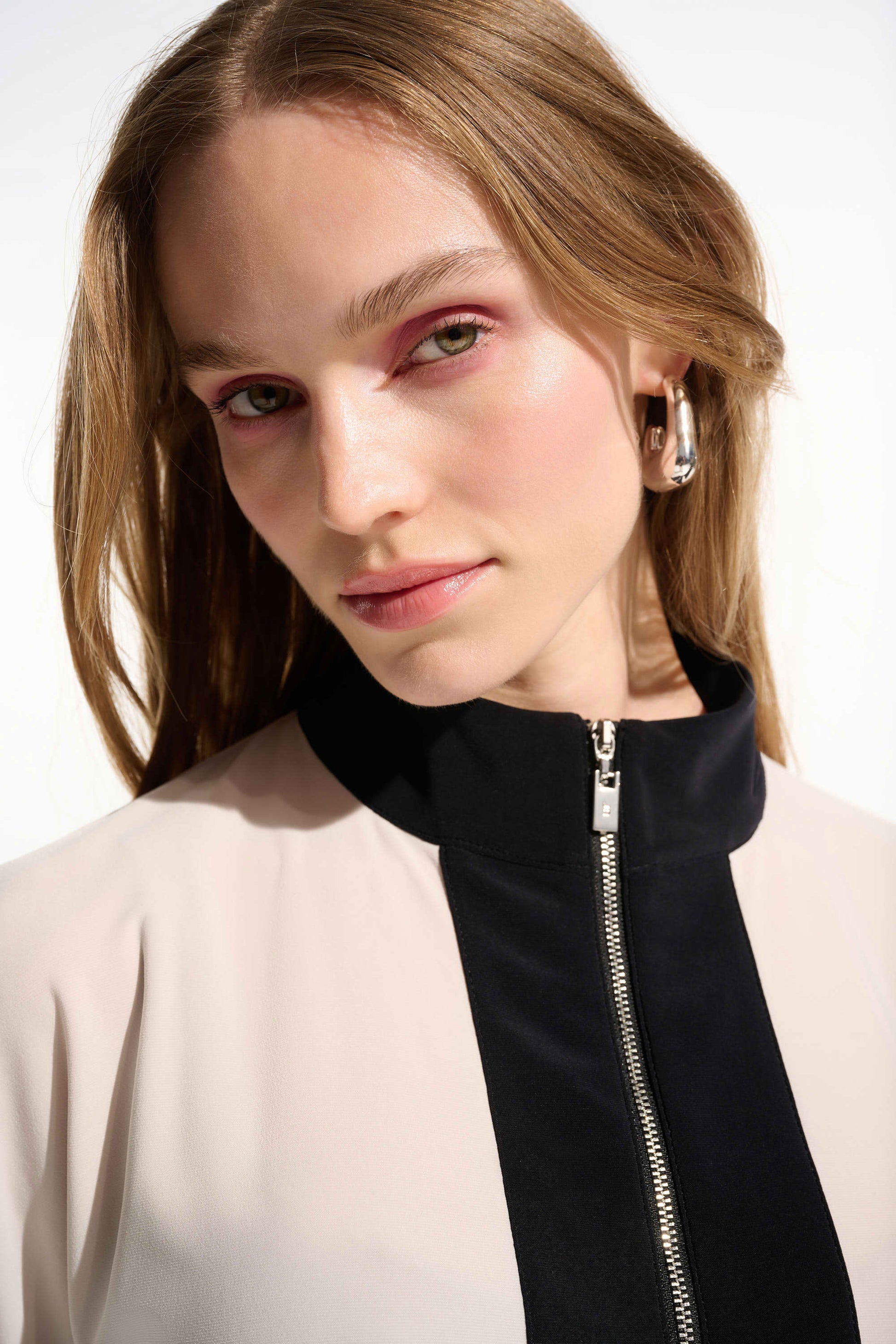 Joseph Ribkoff Moonstone Silky Knit Color Block Straight Top With Zipped Collar 261611