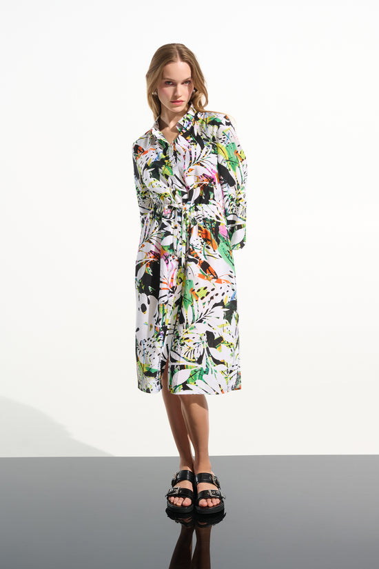 Joseph Ribkoff Vanilla Crinkled Woven Tropical Print Shirt Dress 261623