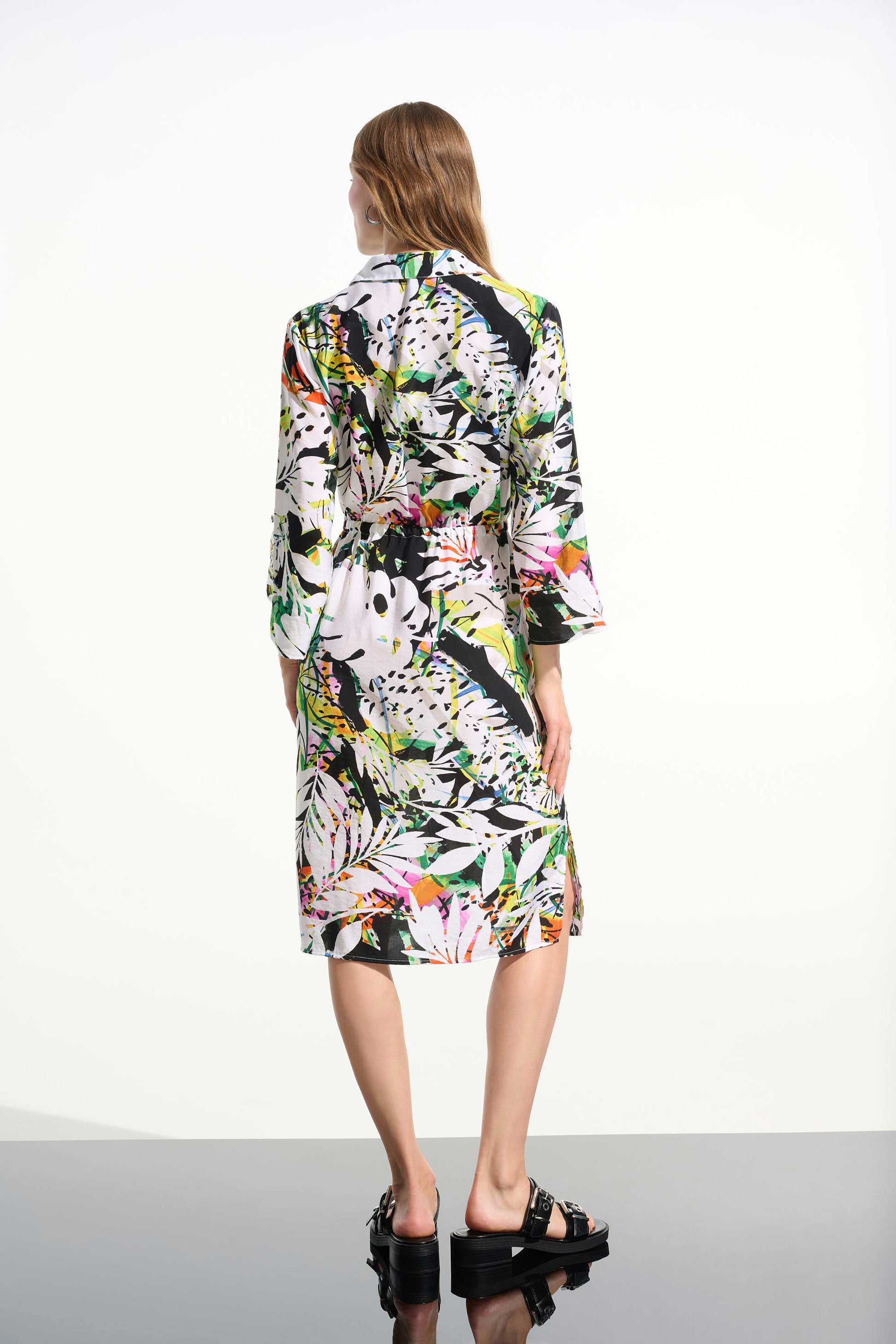 Joseph Ribkoff Vanilla Crinkled Woven Tropical Print Shirt Dress 261623