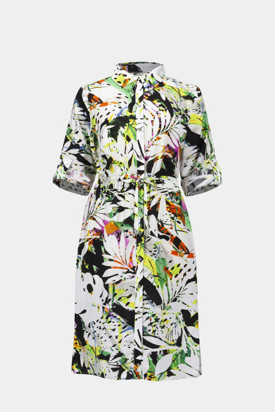 Joseph Ribkoff Vanilla Crinkled Woven Tropical Print Shirt Dress 261623