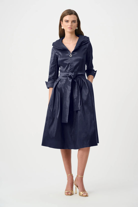 Joseph Ribkoff Midnight Blue Stretch Taffeta Fit And Flare Dress With Lapel Collar