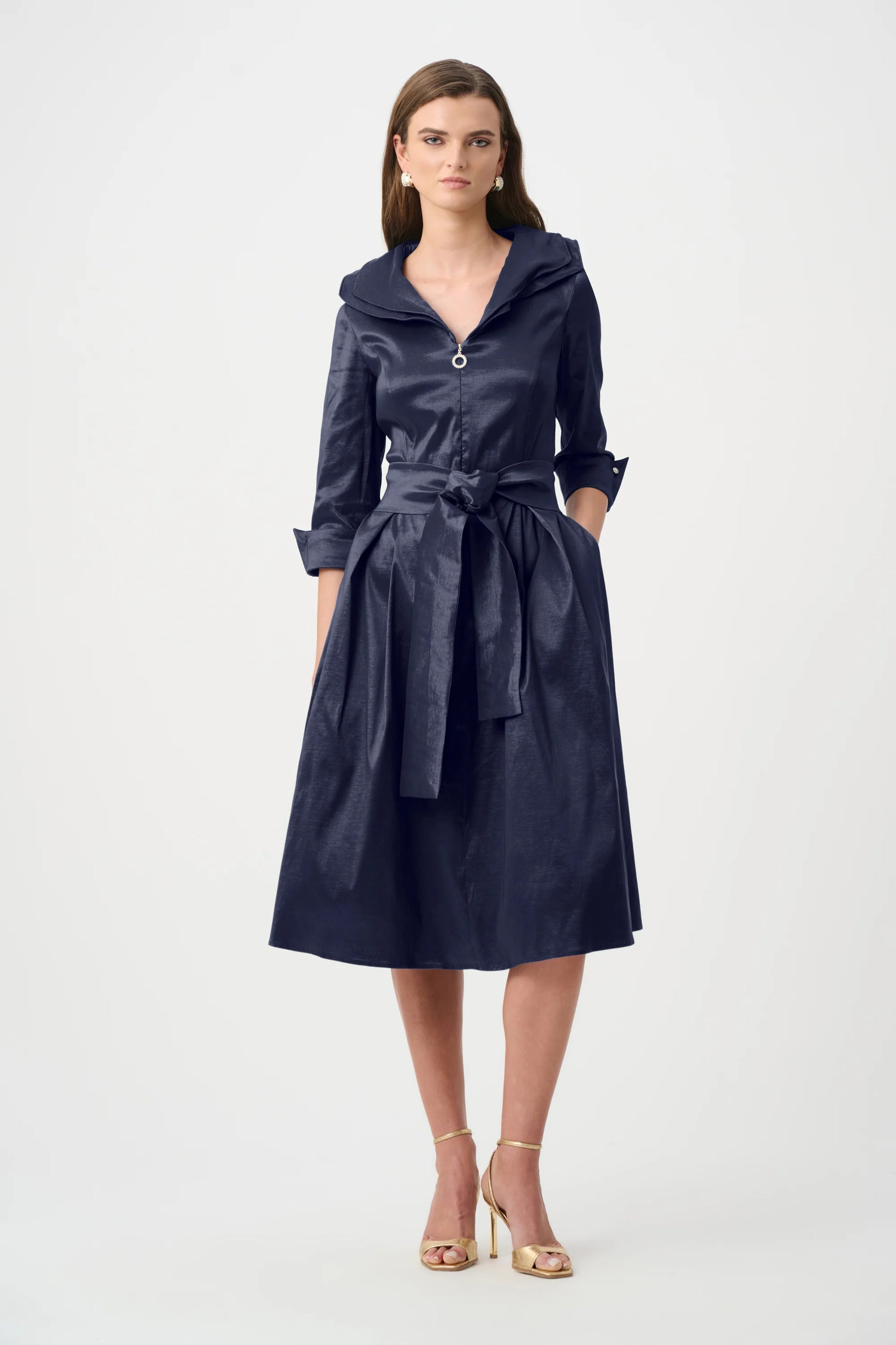 Joseph Ribkoff Midnight Blue Stretch Taffeta Fit And Flare Dress With Lapel Collar