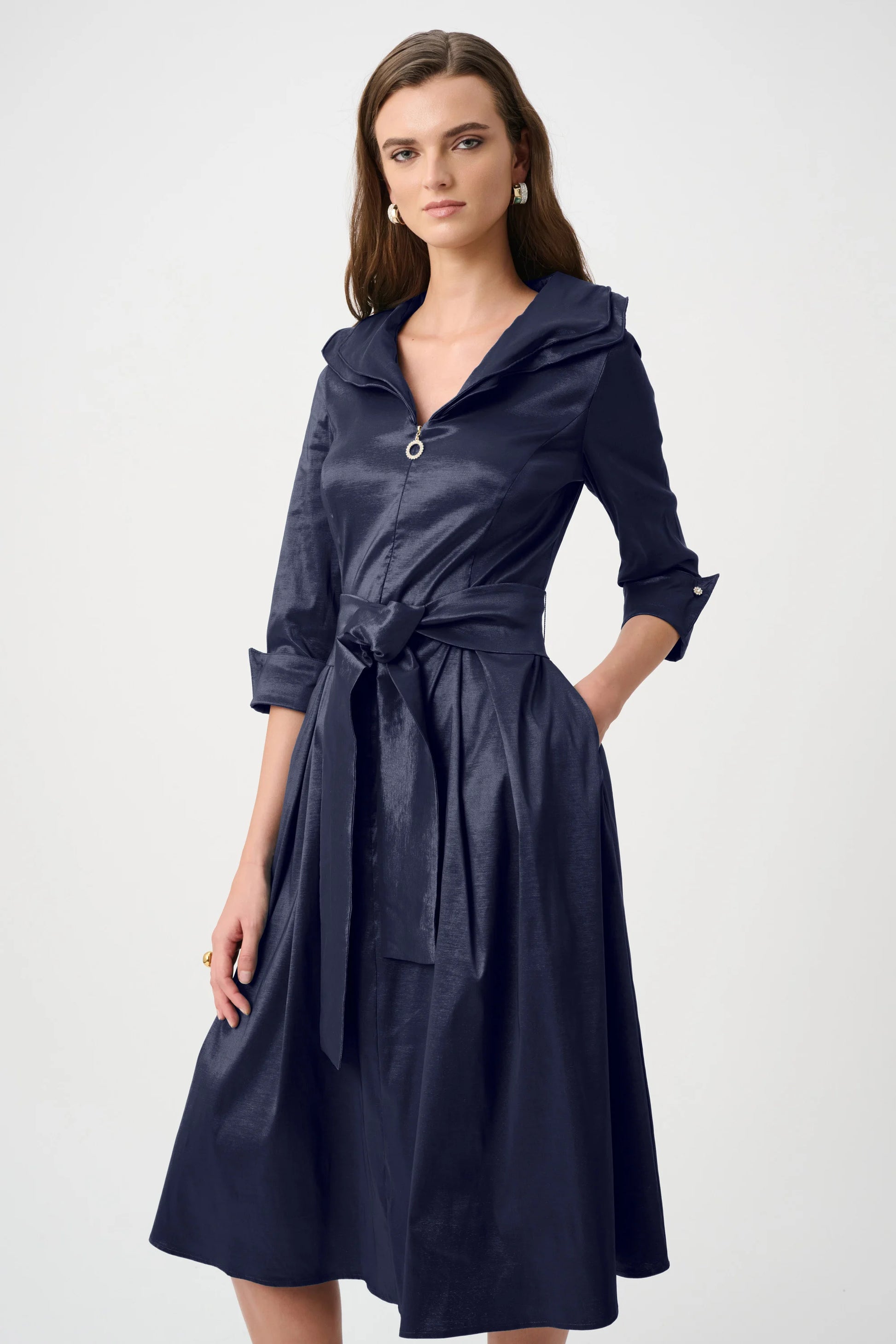Joseph Ribkoff Midnight Blue Stretch Taffeta Fit And Flare Dress With Lapel Collar