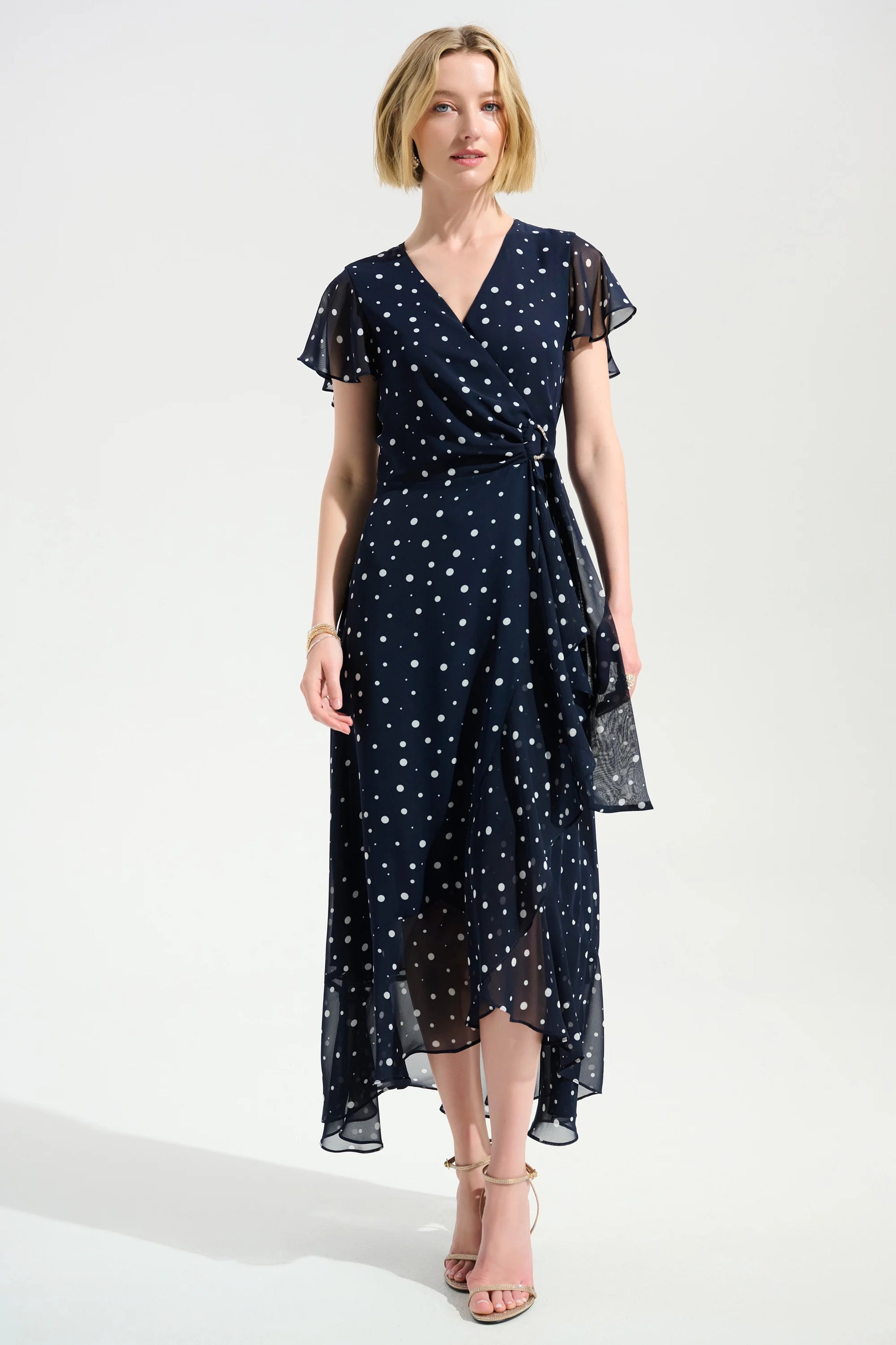Joseph Ribkoff Midnight Blue and Vanilla Spot Print Wrap Dress With Ruffle Detail 261739