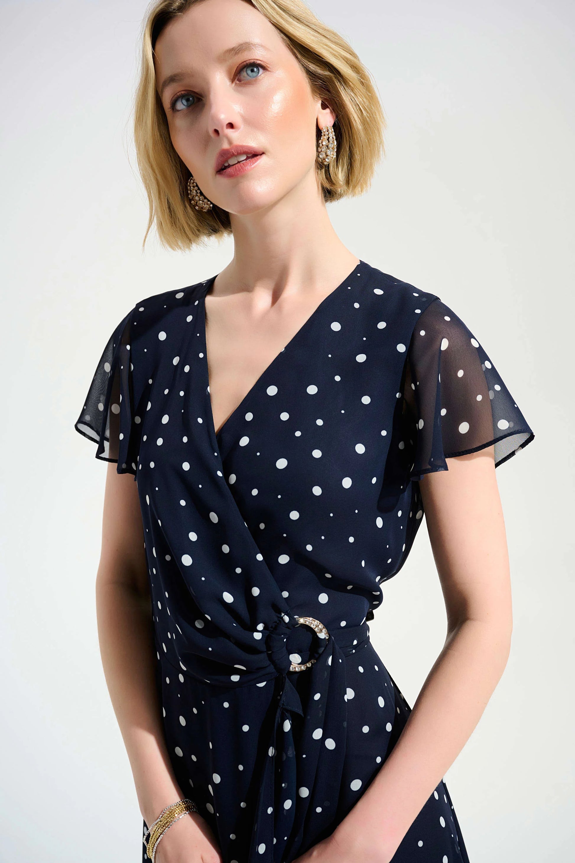 Joseph Ribkoff Midnight Blue and Vanilla Spot Print Wrap Dress With Ruffle Detail 261739
