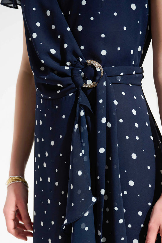 Joseph Ribkoff Midnight Blue and Vanilla Spot Print Wrap Dress With Ruffle Detail 261739