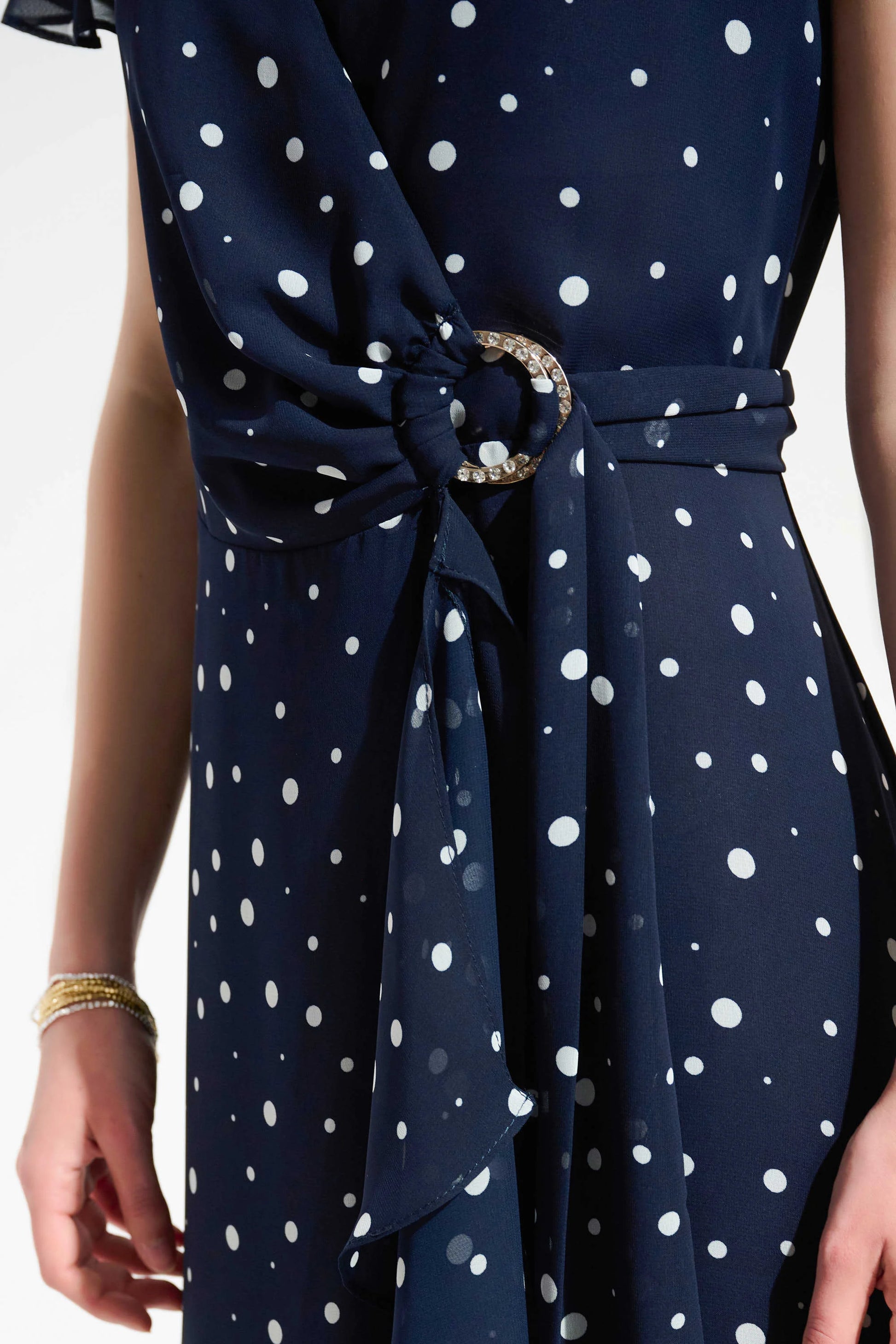 Joseph Ribkoff Midnight Blue and Vanilla Spot Print Wrap Dress With Ruffle Detail 261739